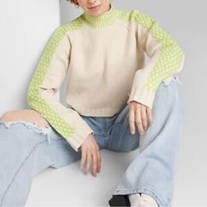 Boxy Mock Turtleneck Soft Sweater with bright green details